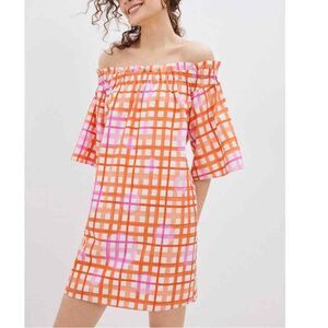 Corey Lynn Calter Anthro Mary Off Shoulder Ruffle Dress Plaid Print Sz MP NEW